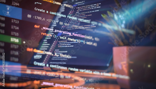 Fotografie Overlay of Python programming code on a laptop screen, with visible desk elements like a plant and RGB keyboard in warm lighting