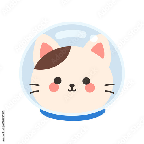 Cute kawaii white cat face inside astronaut helmet space suit