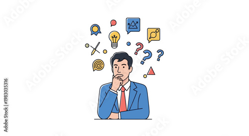 Man in suit thinking with idea symbols and question marks above