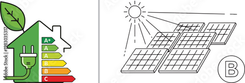 Energy efficiency rating house and solar panel system vector illustration for sustainable living and green power concepts
