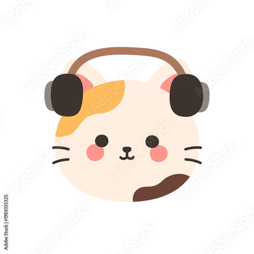 Cute kawaii calico cat face wearing brown DJ headphones