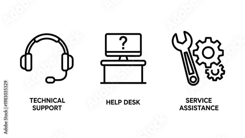 Set of technical support and help desk assistance icons with technical assistance computer question maintenance operator customer solution engineering business technology interface