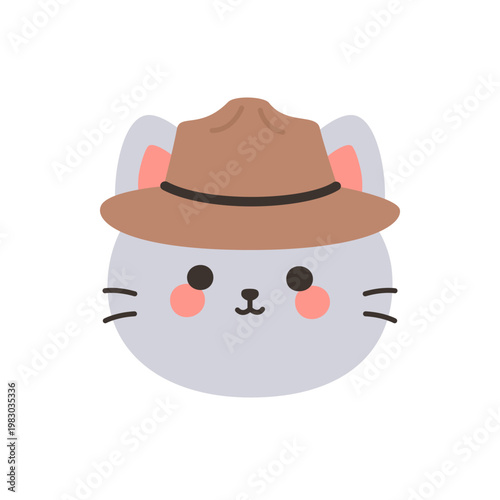 Cute kawaii gray cat face wearing brown fedora hat