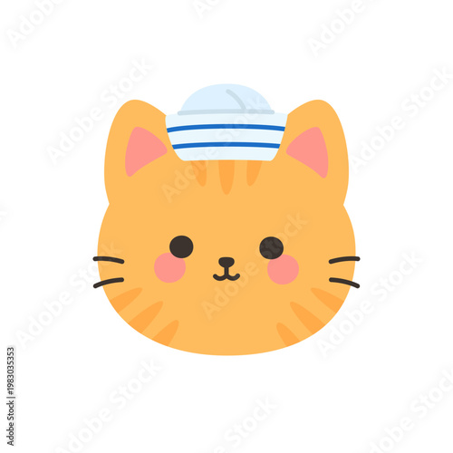 Cute kawaii orange tabby cat face wearing white and blue striped sailor hat