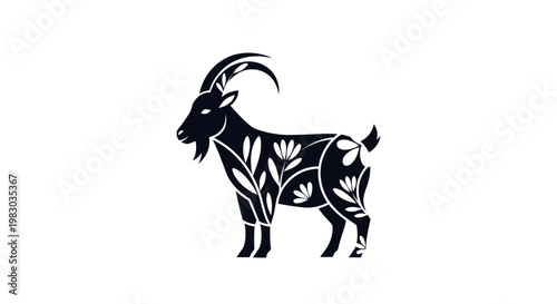 Floral goat silhouette illustration in black and white vector style