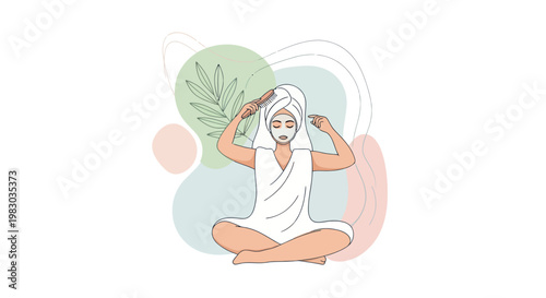 Illustration of a woman in a robe and towel turban performing a skincare and hair care routine.