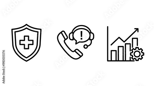 Business support and security icon set including medical shield insurance customer service and growth chart with security insurance customer business protection analysis development performance