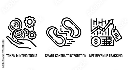 Blockchain financial icons set featuring token minting tools smart contract integration and nft revenue tracking blockchain contract tracking cryptocurrency technology transaction business