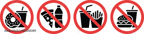 No fast food allowed icon set, prohibited junk food signs, soda pizza burger fries ban symbols, clean eating concept vector illustration for health awareness and restriction messaging.