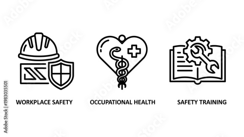 Workplace safety and occupational health training icons with workplace occupational training protection industrial prevention regulation standard compliance education equipment management