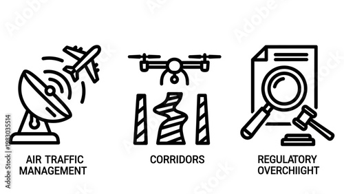 Drone air traffic management and regulatory oversight icons with aviation management regulatory oversight compliance surveillance aircraft airspace monitoring security infrastructure