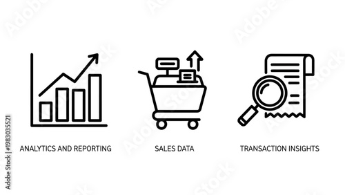 Business data analytics and sales reporting icon set with e commerce analytics reporting business commerce marketing shopping transaction magnifying information analysis strategy corporate