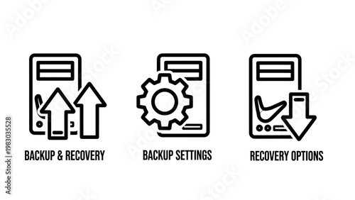 Computer backup and recovery system process icons with recovery computer settings technology protection security maintenance download database infrastructure information software technical