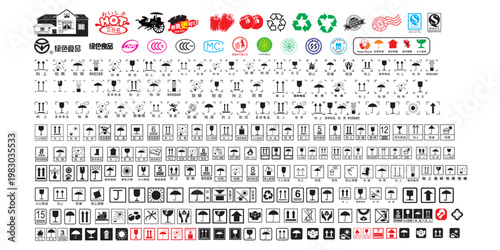 Corrugated Box Handling Icon Set, Food Safety Quality Icon Set, Environmental Green Packaging Icons, Fragile, Arrow Up, Keep Dry, 