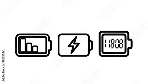 Battery power status and charging level icons with indicator electricity electric capacity charging lightning percentage technology electronic hardware efficiency conservation portable
