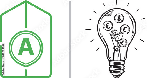 Energy efficiency class A house rating and light bulb with money coins vector illustration for sustainability and cost savings