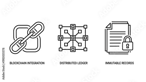 Set of blockchain and data security line icons with blockchain security technology protection encrypted internet business information development database transaction infrastructure
