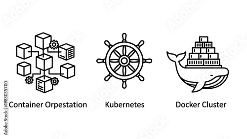 Cloud computing and software deployment architecture diagram icons with computing architecture deployment software container orchestration kubernetes infrastructure microservices technology
