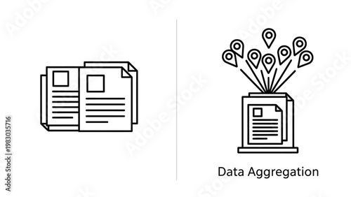 Data aggregation and document management line icons set with aggregation documents management collection information organization business analytics reporting database technology graphical