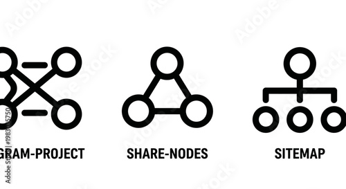Network diagram project share nodes and sitemap structure icons with structure hierarchy connection communication planning management organizational technology internet business flowchart