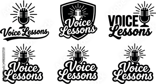 Black and white voice lessons handwritten lettering with microphone vector art set