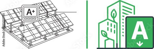 Energy efficiency vector illustration with solar panel array and green eco buildings for sustainable architecture