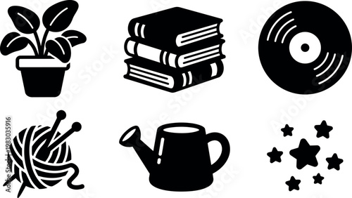 Black and white icons of plant books vinyl knitting watering can and stars