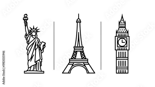 Famous global landmark icons featuring statue of liberty eiffel tower and big ben clock tower landmark monument architecture traveling vacation illustration sightseeing cultural heritage