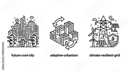 Sustainable urban infrastructure icons future cool city adaptive urbanism and climate resilient grid with sustainable infrastructure resilient environment technology development planning