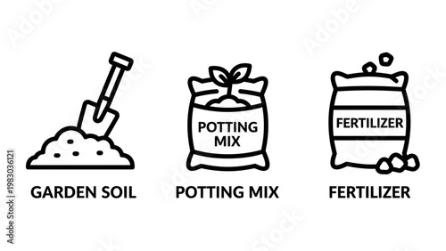 Gardening supplies and soil care outline icons set with gardening fertilizer planting agriculture horticulture nutrients supplies cultivation landscaping substrate backyard vegetable