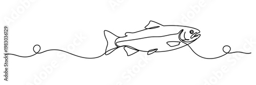 Fish swimming along continuous line across white background, none editable strokes
