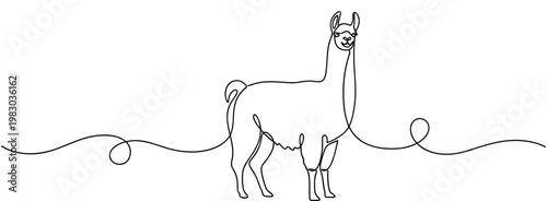 Llama standing connected to continuous line on white field, none editable strokes