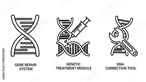 Set of gene repair and DNA correction icons with health care double helix science fiction medical tech laboratory equipment bio engineering genetical engineering genetics correction treatment
