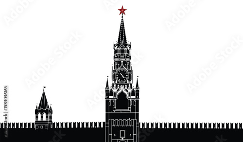 A striking depiction of moscow s spasskaya tower and kremlin walls against a stark white background presented as a silhouette high quality professional detailed