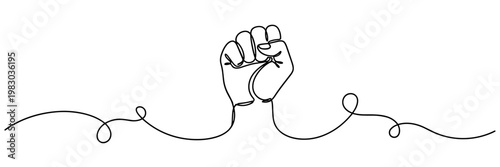 Raised fist gripping continuous line across white background, none editable strokes