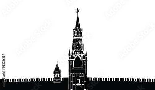 A striking black and white depiction of saint basil s cathedral and spasskaya tower in moscow presented as a bold silhouette high quality professional
