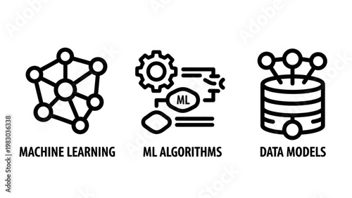 Set of machine learning algorithms and data model technology icons with learning algorithm technology artificial intelligence database computing innovation software development analysis