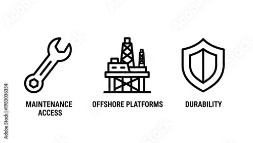 Industrial maintenance and offshore platform durability icons with mechanical repair industry standard maintenance offshore platform durability industry industrial structure protection