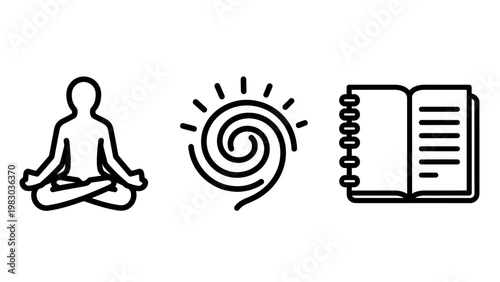 Set of mindfulness and self-care icons including meditation sun and planner meditation mindfulness notebook wellness relaxation lifestyle spirituality organizer schedule management