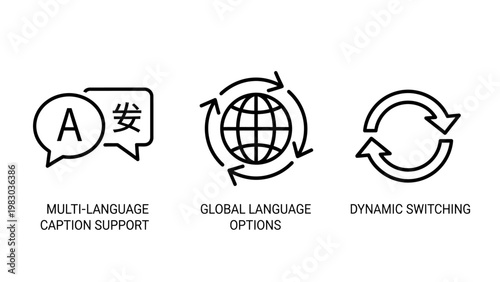 Global language translation and communication icon set with language translation communication switching interaction multilingual international connectivity technology interface dialogue