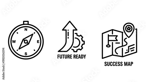 Strategic success and future ready planning icon set with planning strategy navigation direction progress business development leadership motivation optimization efficiency technology