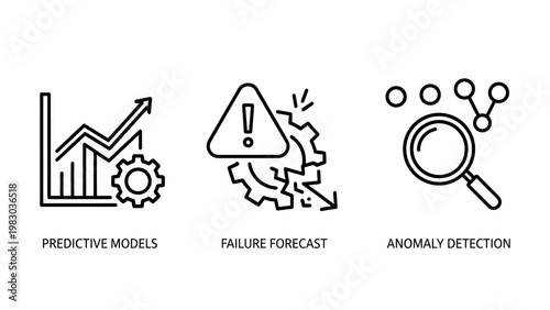 Predictive analytics and anomaly detection business icons set with predictive analytics detection forecast business maintenance optimization monitoring analysis industrial technology