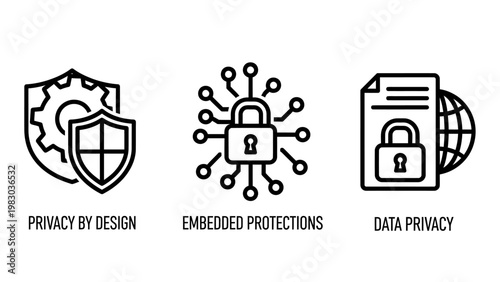Data privacy and security compliance icons set with security compliance protection embedded encryption internet information confidentiality business management corporate integrity standard