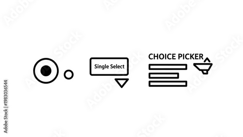 User interface selection and choice picker icons set with selection interface dropdown navigation software application controls elements interaction component clickable platform settings
