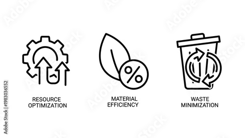 Resource optimization and waste minimization eco icons with optimization resource minimization efficiency sustainability environmental management recycling production percentage circular