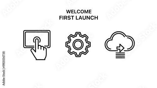 Welcome first launch concept set including interaction gear settings and cloud upload icons with interaction settings interface software initialization application optimization configuration