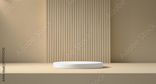 Beige studio background with ribbed wall panel and round podium. Minimal scene with soft lighting and clean composition. Neutral interior backdrop