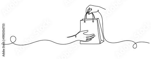 Continuous line drawing of hands passing a shopping bag. No editable stroke
