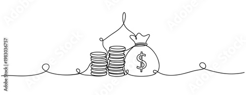 Minimalist continuous line art of money bag and coins symbolizing wealth. No editable stroke