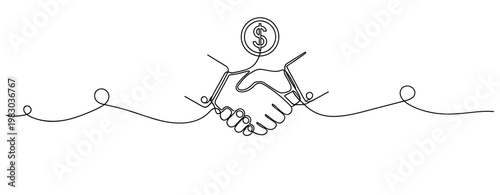 Continuous line drawing of handshake with dollar sign symbolizing business agreement. No editable stroke